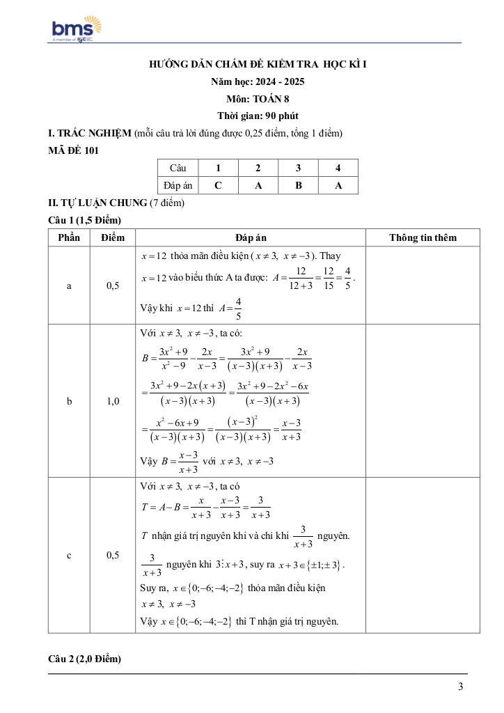 đề cuối học kì 1 toán 8 năm 2024 – 2025 trường ban mai school – hà nội 2