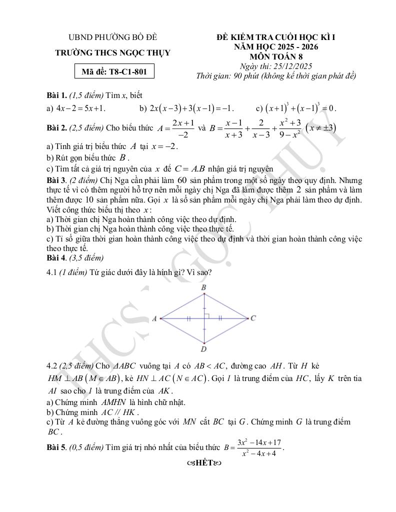 đề cuối học kì 1 toán 8 năm 2025 – 2026 trường thcs ngọc thụy – hà nội