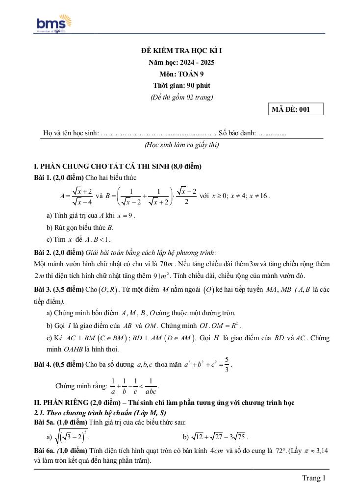 đề cuối học kì 1 toán 9 năm 2024 – 2025 trường ban mai school – hà nội 0