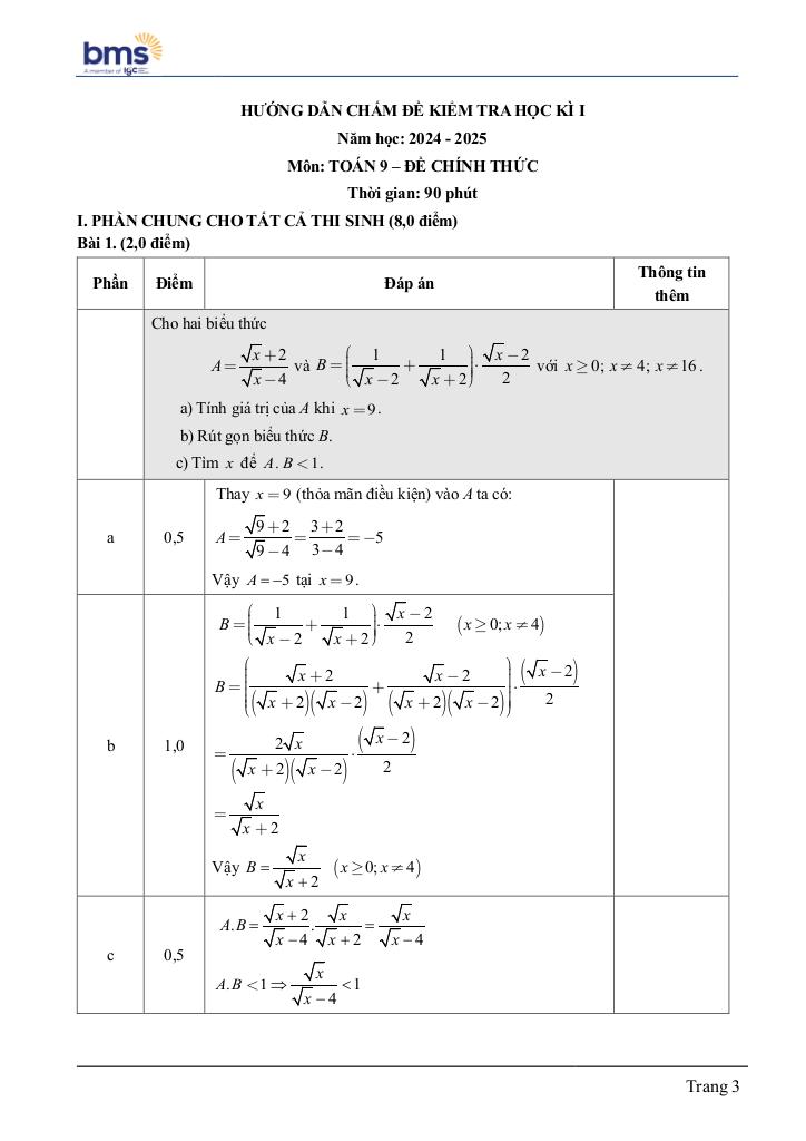 đề cuối học kì 1 toán 9 năm 2024 – 2025 trường ban mai school – hà nội 2