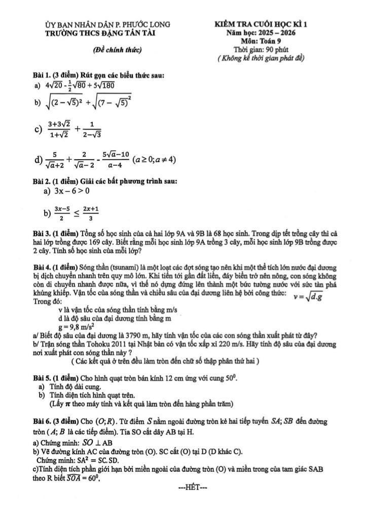 đề cuối học kì 1 toán 9 năm 2025 – 2026 trường thcs đặng tấn tài – tp hcm