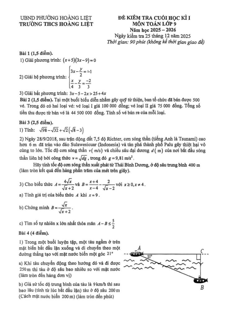 đề cuối học kì 1 toán 9 năm 2025 – 2026 trường thcs hoàng liệt – hà nội - hình 1
