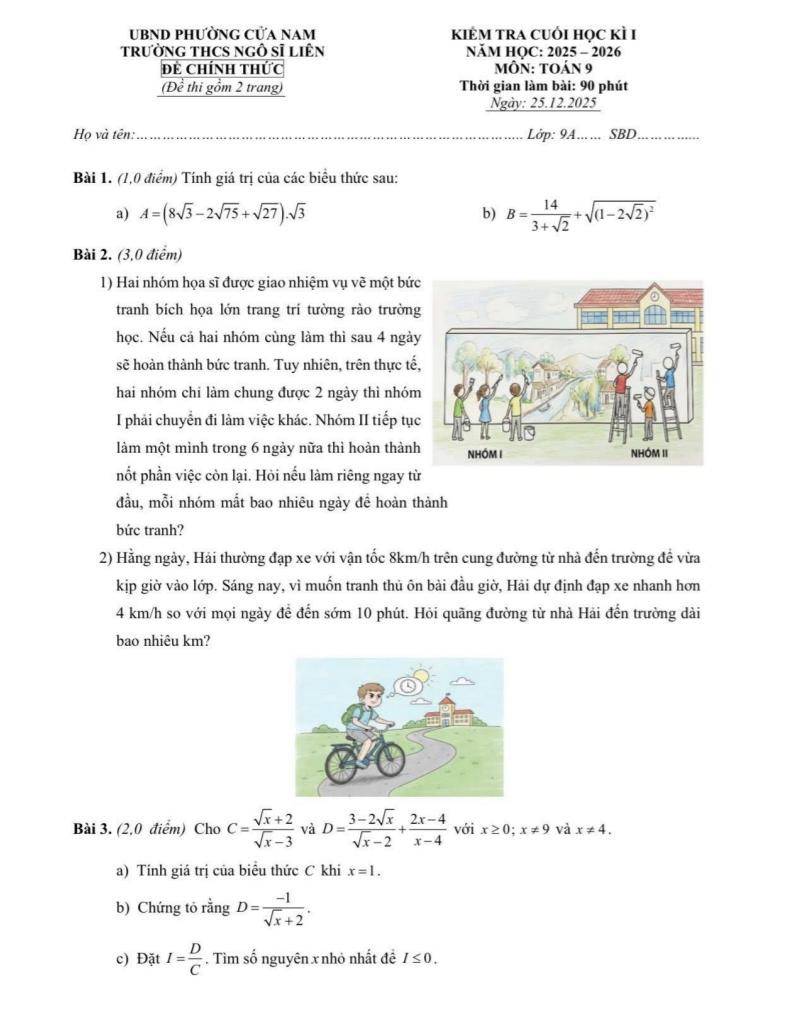 đề cuối học kì 1 toán 9 năm 2025 – 2026 trường thcs ngô sĩ liên – hà nội - hình 1