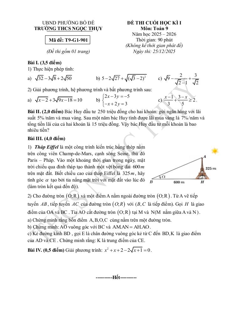 đề cuối học kì 1 toán 9 năm 2025 – 2026 trường thcs ngọc thụy – hà nội