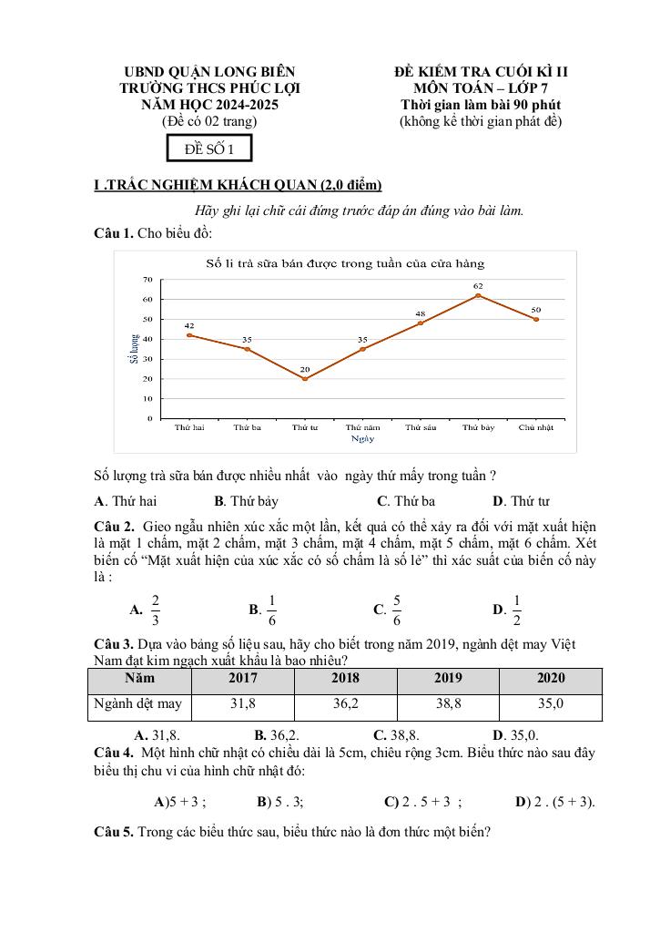 đề cuối học kì 2 toán 7 năm 2024 – 2025 trường thcs phúc lợi – hà nội - hình 1