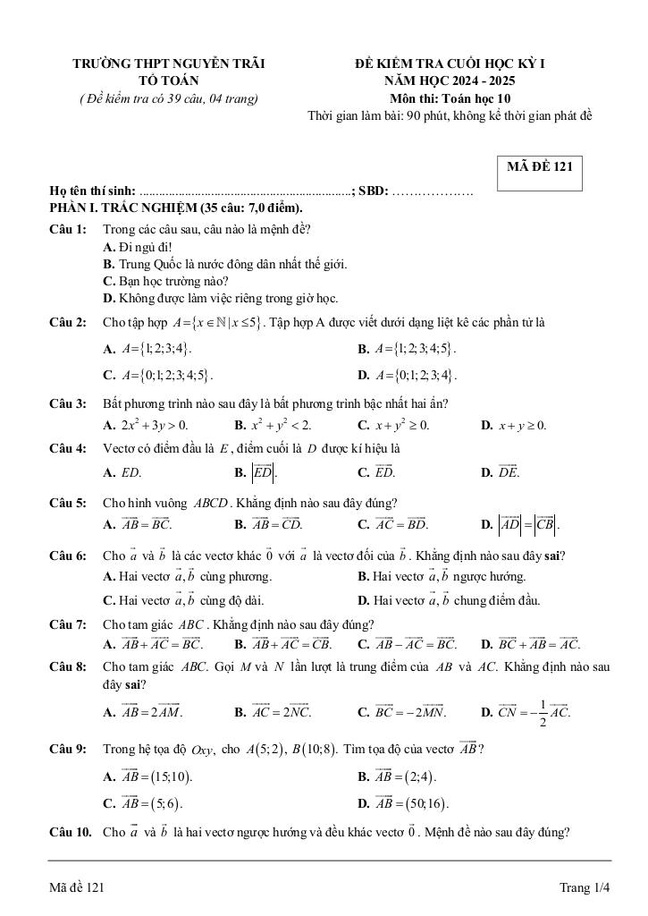 đề cuối học kỳ 1 toán 10 năm 2024 – 2025 trường thpt nguyễn trãi – quảng bình 0