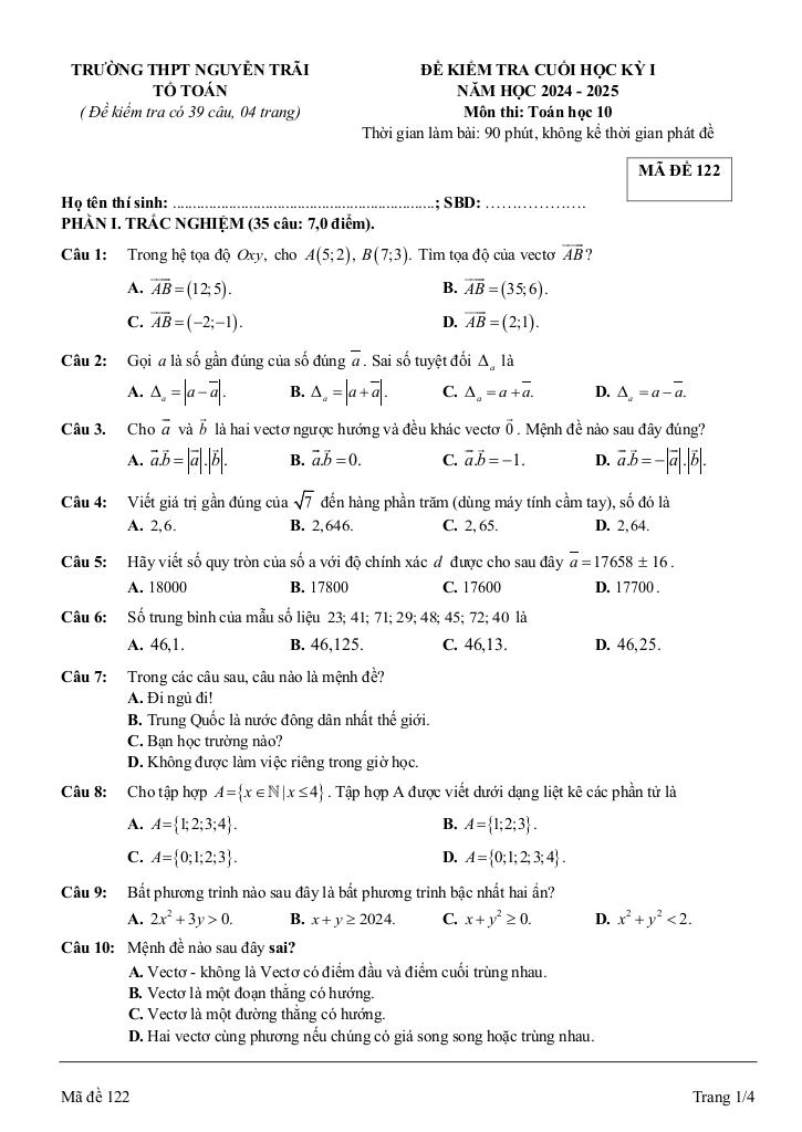 đề cuối học kỳ 1 toán 10 năm 2024 – 2025 trường thpt nguyễn trãi – quảng bình 4