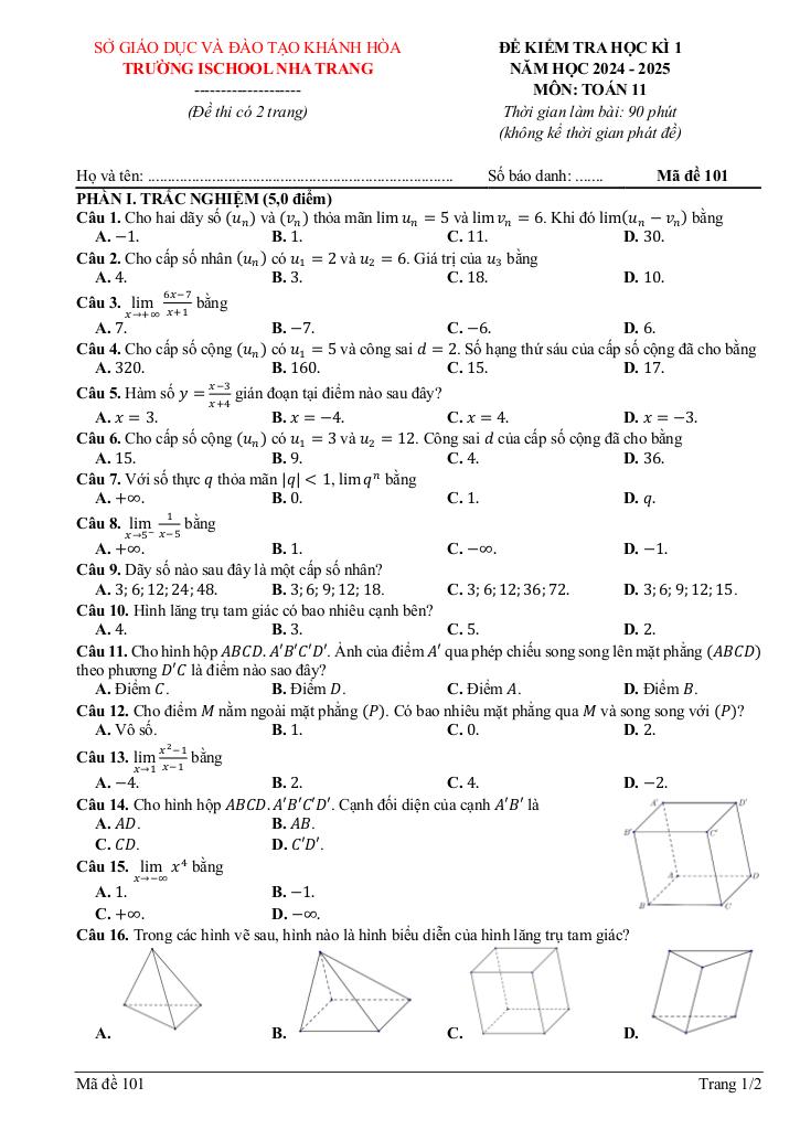 đề cuối học kỳ 1 toán 11 năm 2024 – 2025 trường ischool nha trang – khánh hòa 0