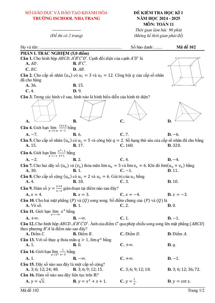 đề cuối học kỳ 1 toán 11 năm 2024 – 2025 trường ischool nha trang – khánh hòa 2