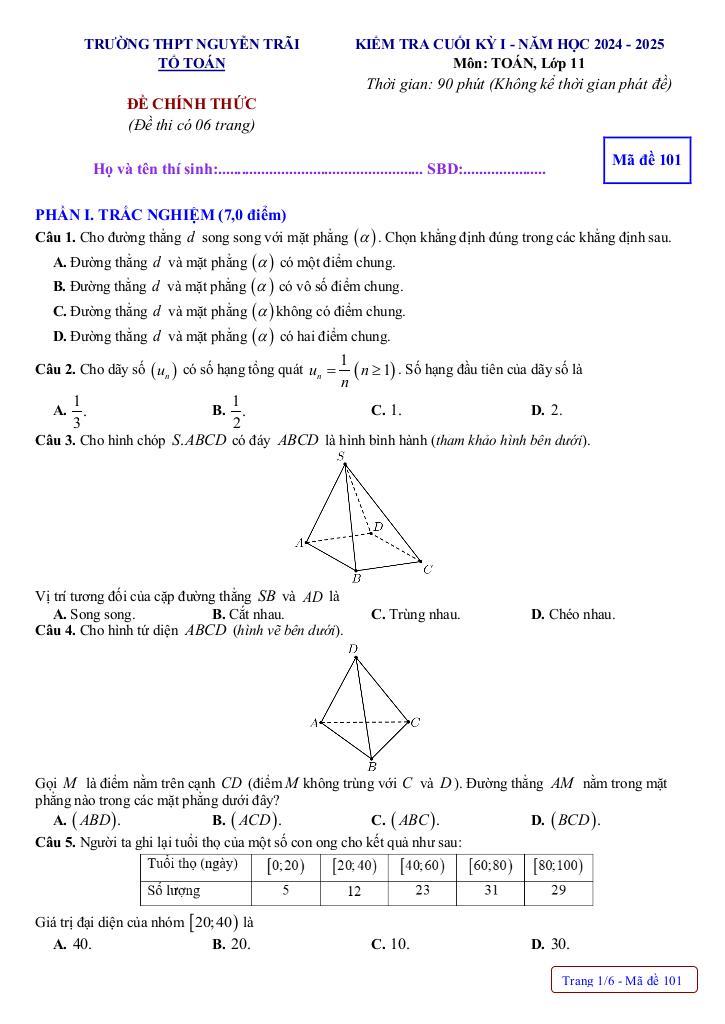 đề cuối học kỳ 1 toán 11 năm 2024 – 2025 trường thpt nguyễn trãi – quảng bình 0