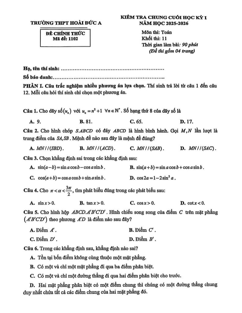 đề cuối học kỳ 1 toán 11 năm 2025 – 2026 trường thpt hoài đức a – hà nội - hình 1