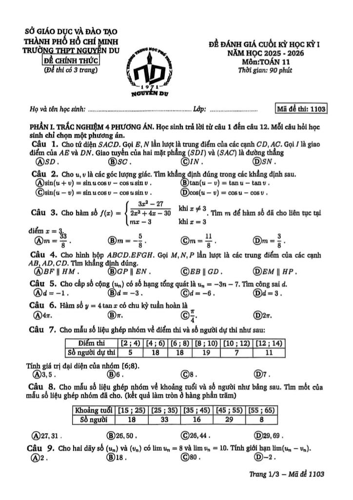 đề cuối học kỳ 1 toán 11 năm 2025 – 2026 trường thpt nguyễn du – tp hcm - hình 1