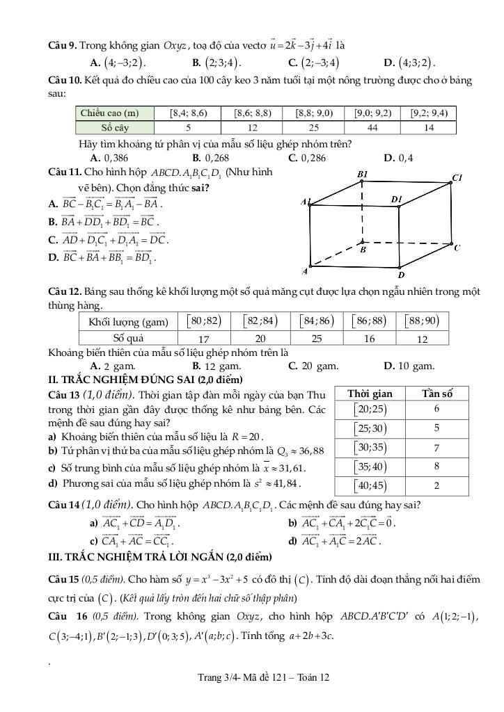 đề cuối học kỳ 1 toán 12 năm 2024 – 2025 trường thpt nguyễn trãi – quảng bình 2