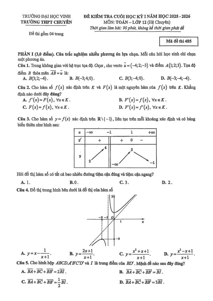 đề cuối học kỳ 1 toán 12 năm 2025 – 2026 trường chuyên đh vinh – nghệ an - hình 1