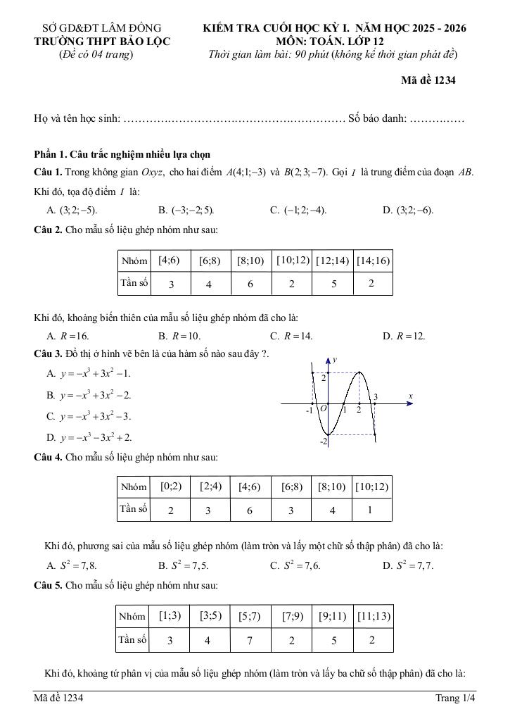 đề cuối học kỳ 1 toán 12 năm 2025 – 2026 trường thpt bảo lộc – lâm đồng - hình 1
