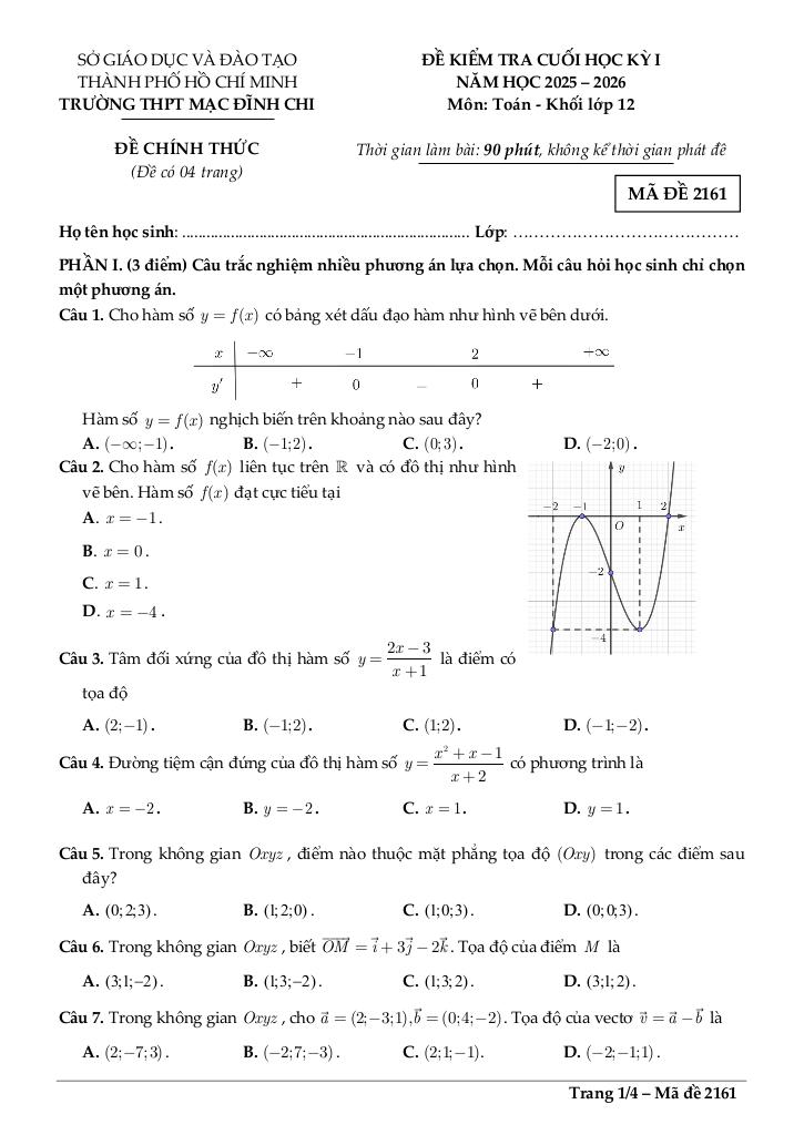 đề cuối học kỳ 1 toán 12 năm 2025 – 2026 trường thpt mạc đĩnh chi – tp hcm - hình 1