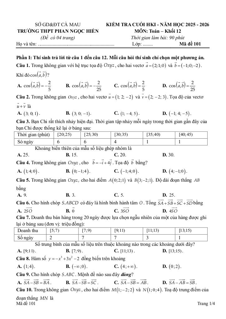 đề cuối học kỳ 1 toán 12 năm 2025 – 2026 trường thpt phan ngọc hiển – cà mau - hình 1