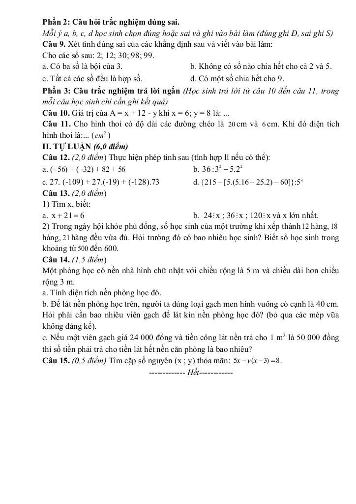 đề cuối học kỳ 1 toán 6 năm 2024 – 2025 phòng gd&đt kinh môn – hải dương 1