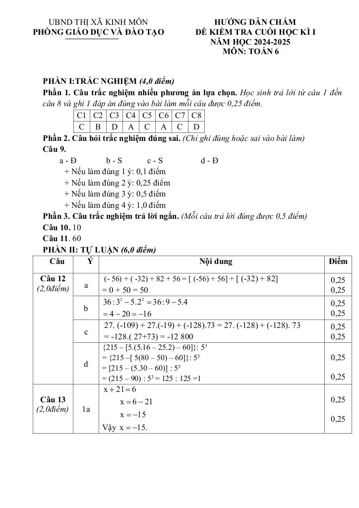 đề cuối học kỳ 1 toán 6 năm 2024 – 2025 phòng gd&đt kinh môn – hải dương 2