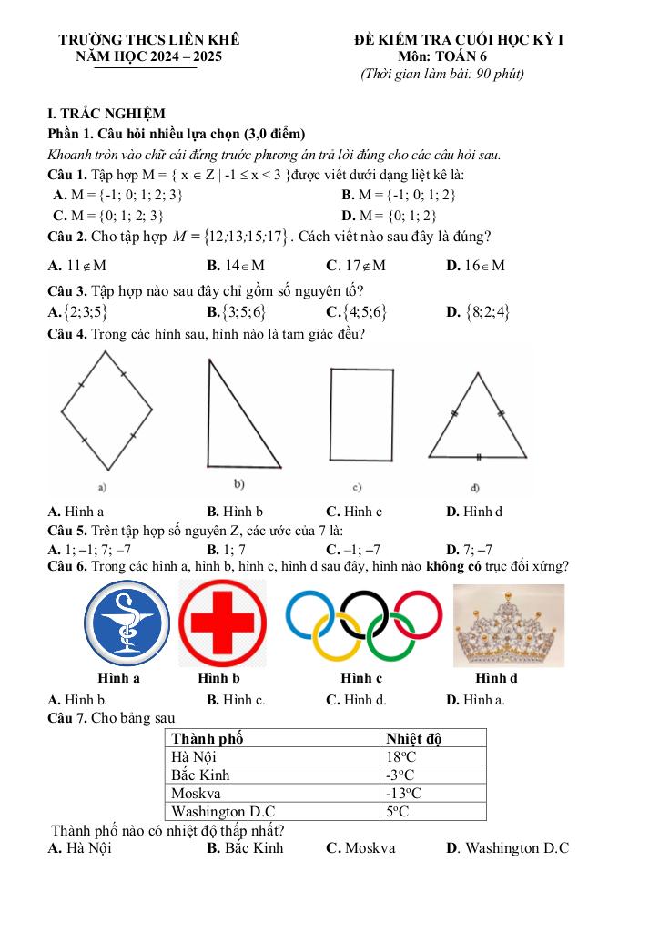 đề cuối học kỳ 1 toán 6 năm 2024 – 2025 trường thcs liên khê – hải phòng 4