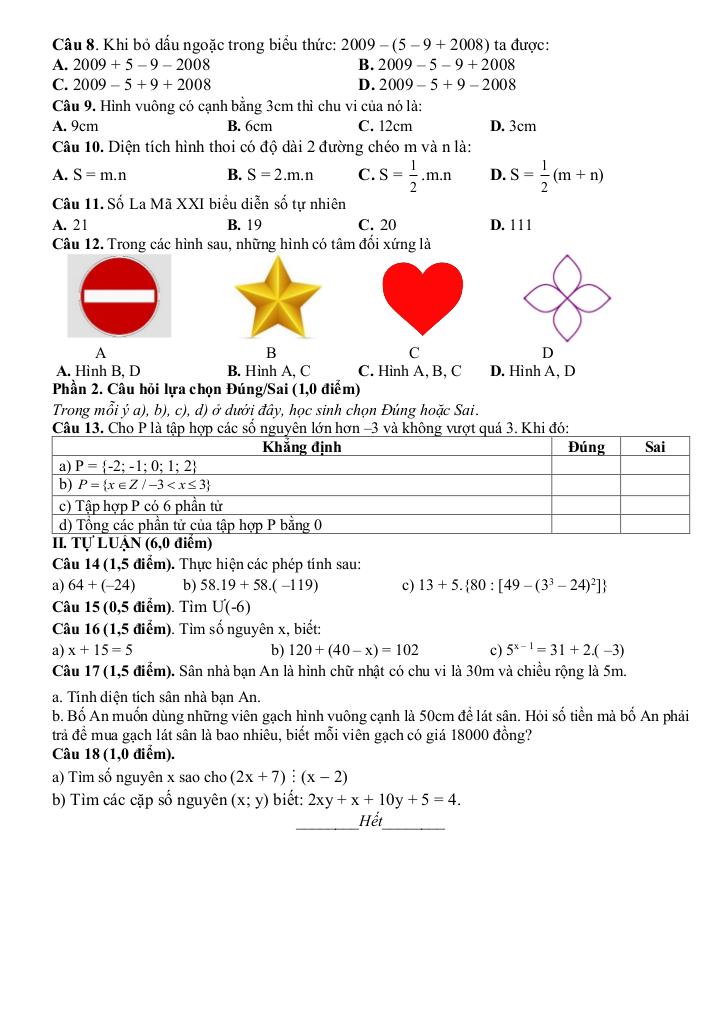 đề cuối học kỳ 1 toán 6 năm 2024 – 2025 trường thcs liên khê – hải phòng 5
