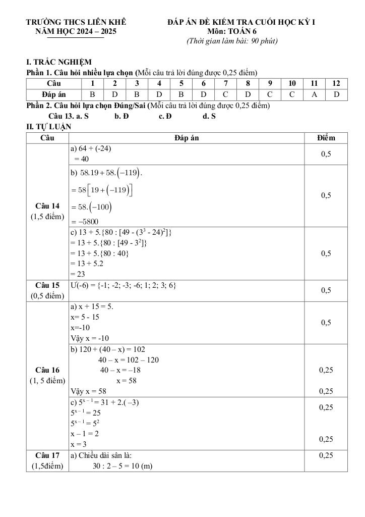 đề cuối học kỳ 1 toán 6 năm 2024 – 2025 trường thcs liên khê – hải phòng 6