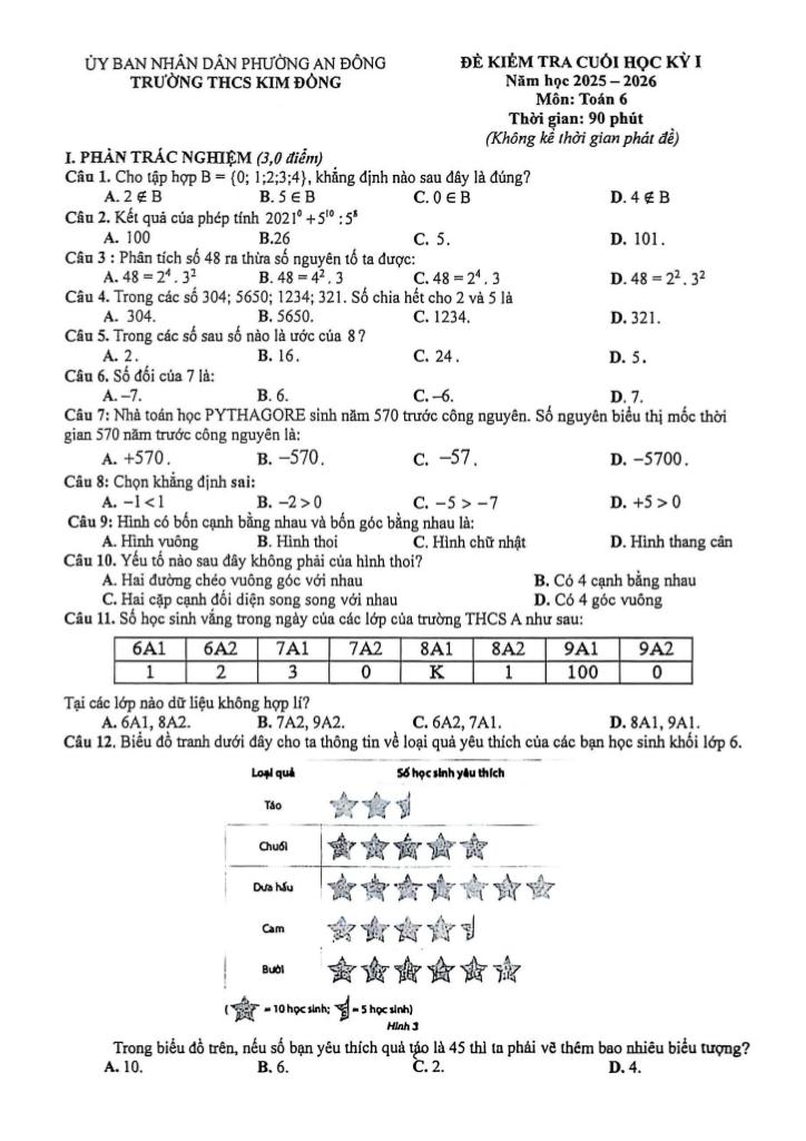 đề cuối học kỳ 1 toán 6 năm 2025 – 2026 trường thcs kim đồng – tp hcm - hình 1