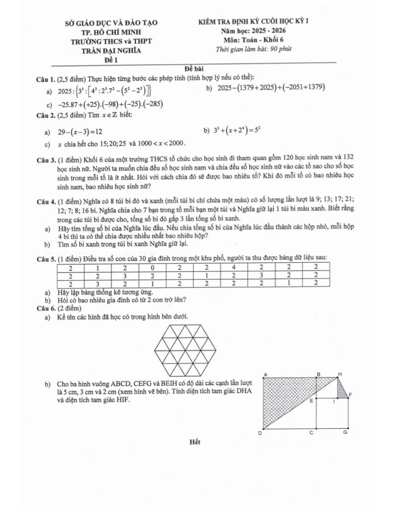 đề cuối học kỳ 1 toán 6 năm 2025 – 2026 trường trần đại nghĩa – tp hcm