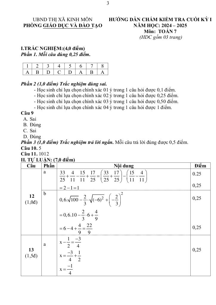 đề cuối học kỳ 1 toán 7 năm 2024 – 2025 phòng gd&đt kinh môn – hải dương 2