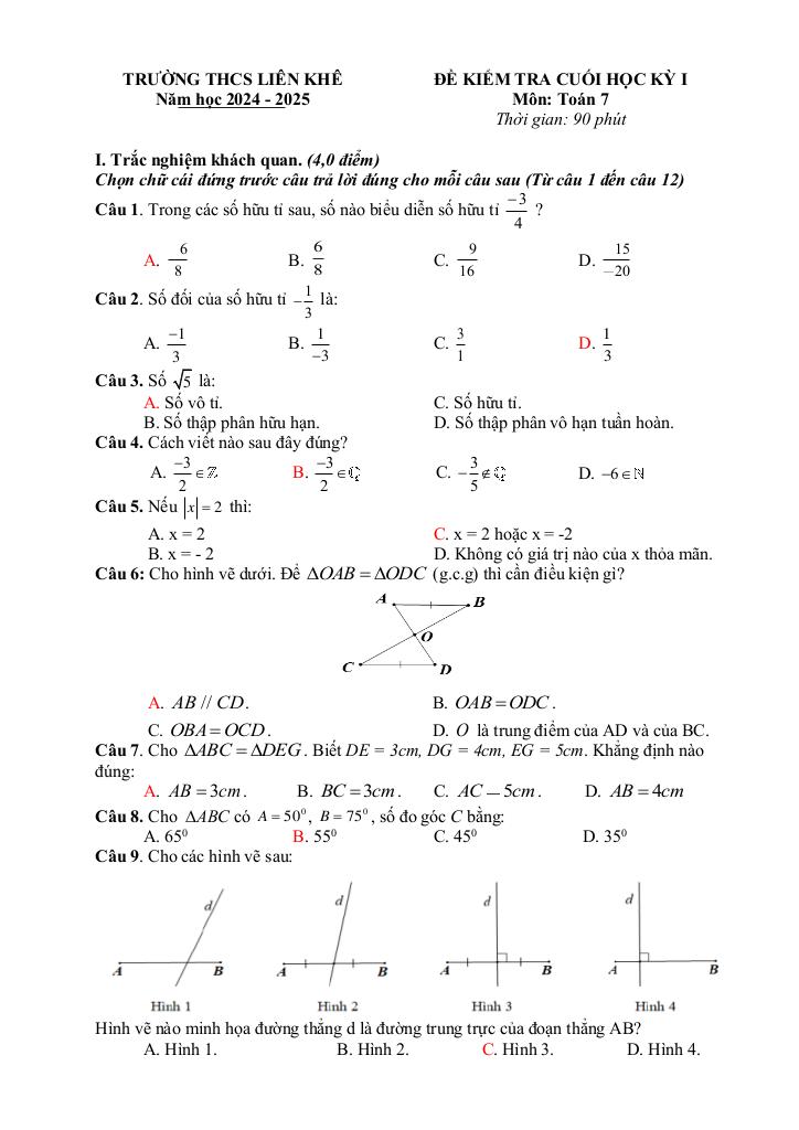đề cuối học kỳ 1 toán 7 năm 2024 – 2025 trường thcs liên khê – hải phòng 6