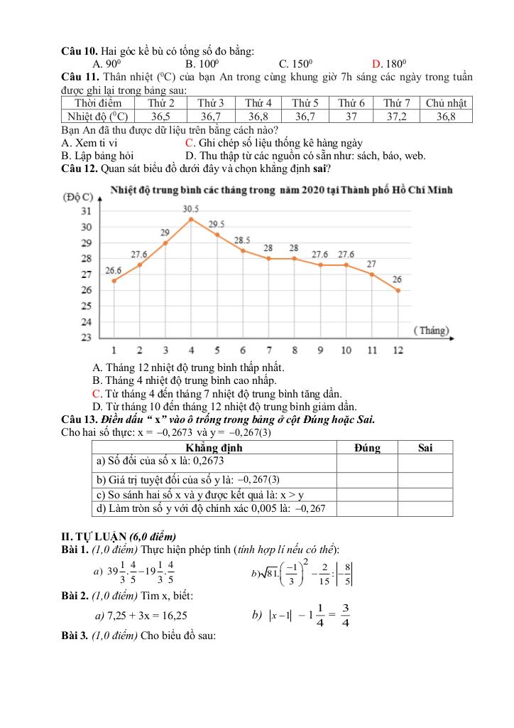 đề cuối học kỳ 1 toán 7 năm 2024 – 2025 trường thcs liên khê – hải phòng 7