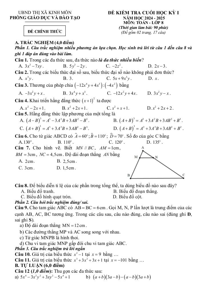 đề cuối học kỳ 1 toán 8 năm 2024 – 2025 phòng gd&đt kinh môn – hải dương 0