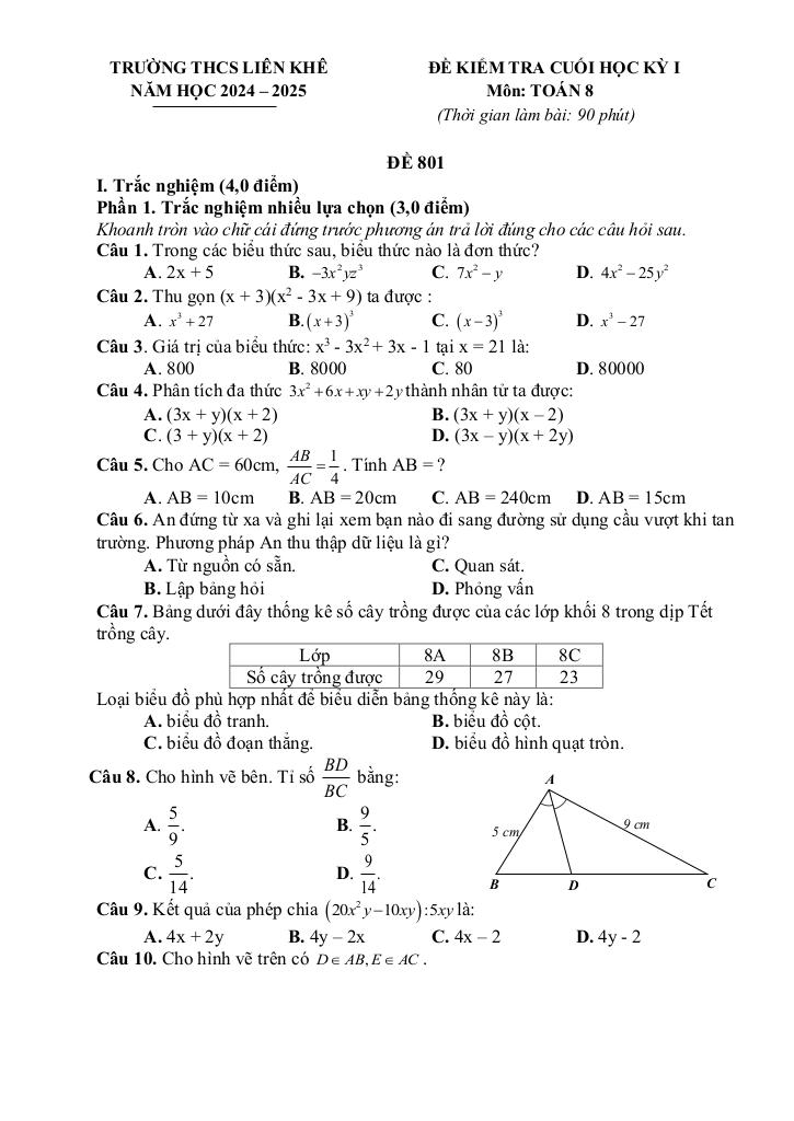 đề cuối học kỳ 1 toán 8 năm 2024 – 2025 trường thcs liên khê – hải phòng 4