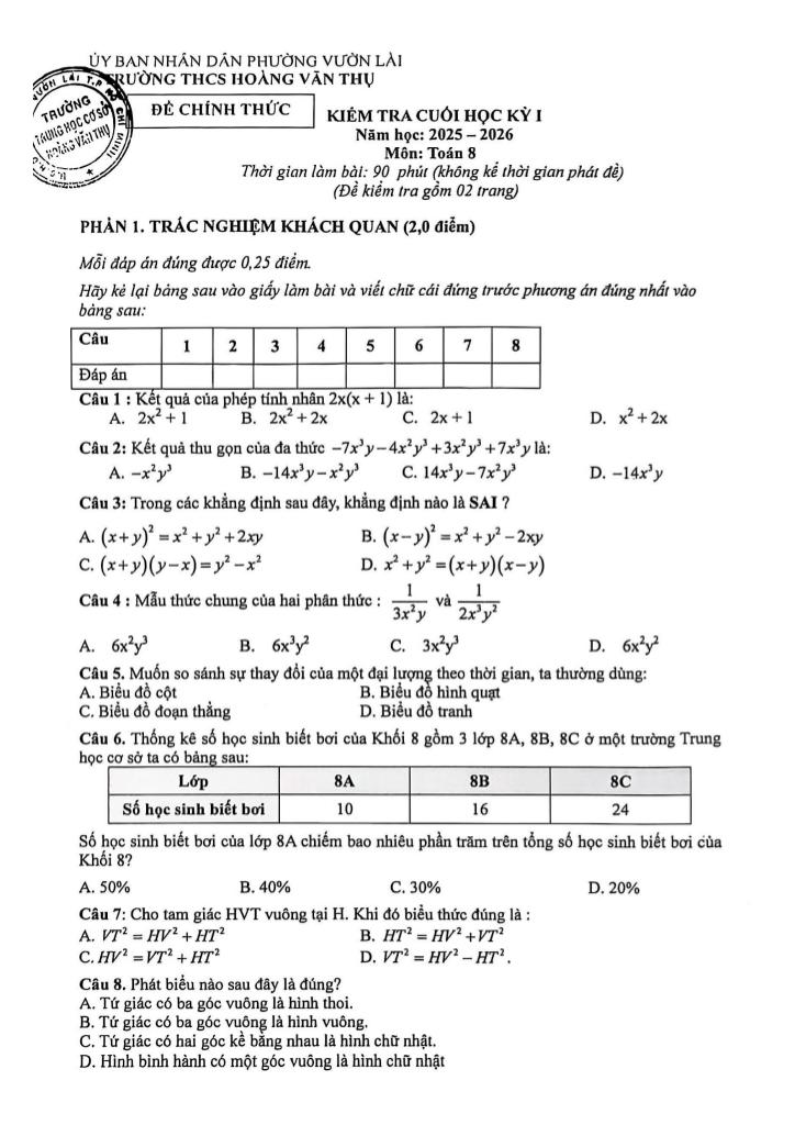 đề cuối học kỳ 1 toán 8 năm 2025 – 2026 trường thcs hoàng văn thụ – tp hcm - hình 1
