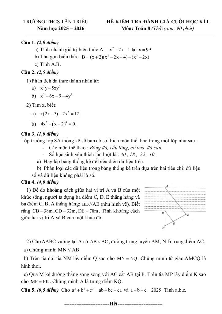 đề cuối học kỳ 1 toán 8 năm 2025 – 2026 trường thcs tân triều – hà nội