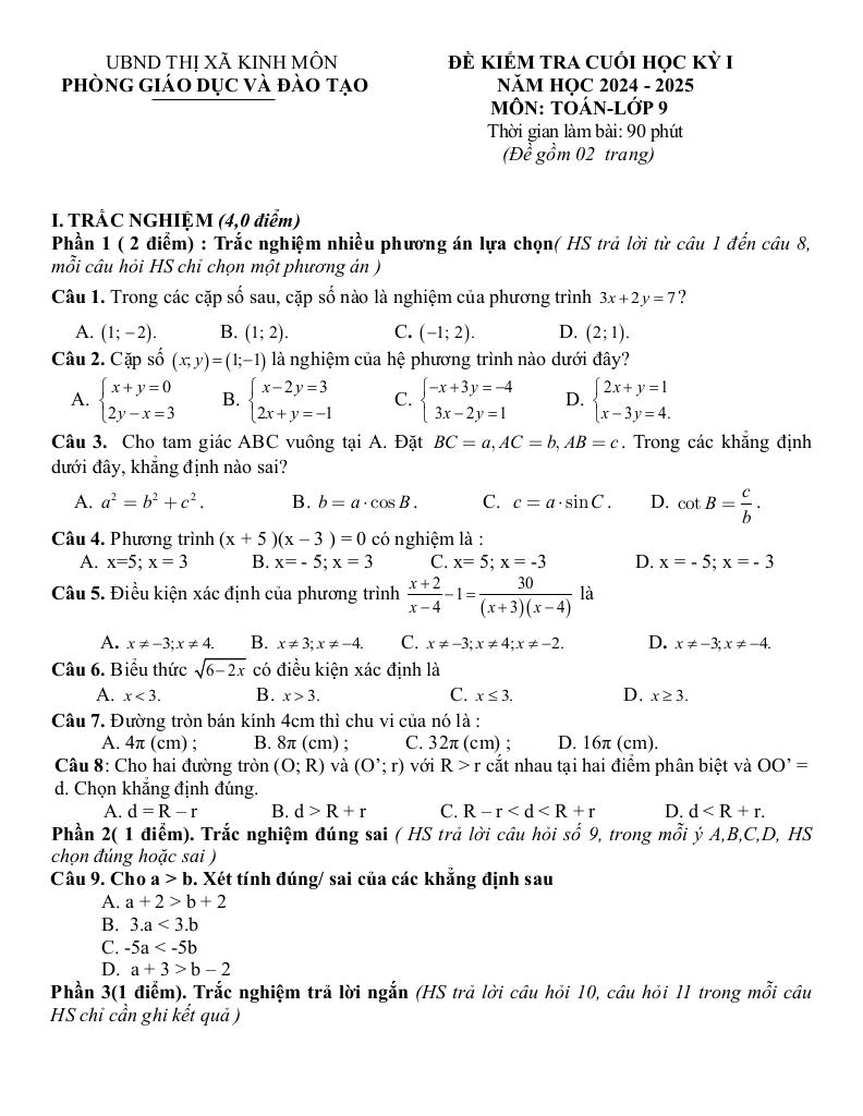 đề cuối học kỳ 1 toán 9 năm 2024 – 2025 phòng gd&đt kinh môn – hải dương 0