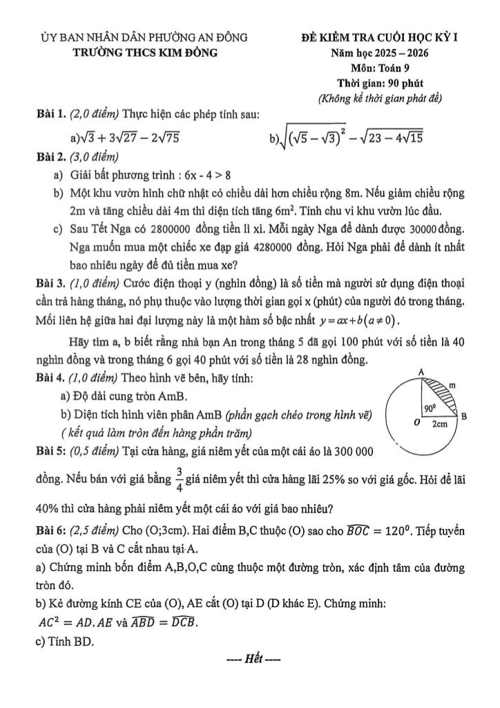 đề cuối học kỳ 1 toán 9 năm 2025 – 2026 trường thcs kim đồng – tp hcm