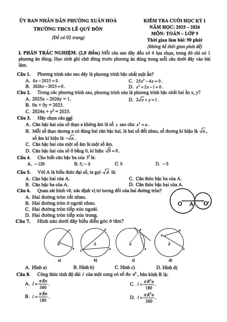 đề cuối học kỳ 1 toán 9 năm 2025 – 2026 trường thcs lê quý đôn – tp hcm - hình 1