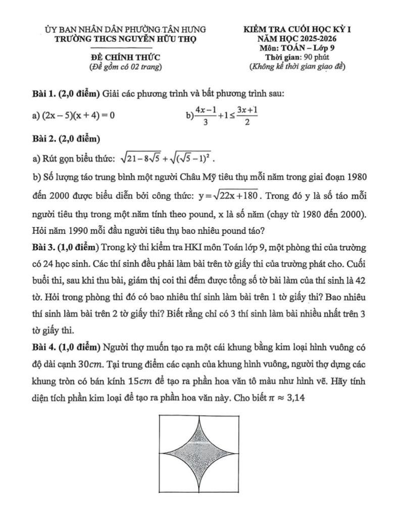 đề cuối học kỳ 1 toán 9 năm 2025 – 2026 trường thcs nguyễn hữu thọ – tp hcm - hình 1