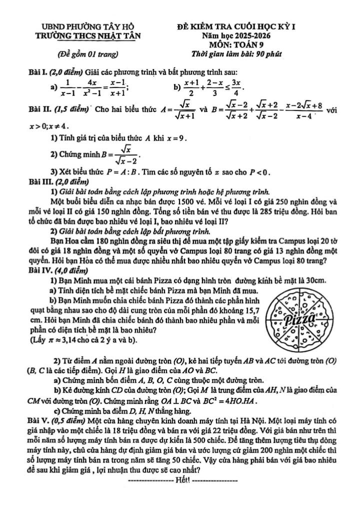đề cuối học kỳ 1 toán 9 năm 2025 – 2026 trường thcs nhật tân – hà nội