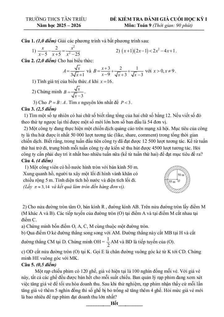đề cuối học kỳ 1 toán 9 năm 2025 – 2026 trường thcs tân triều – hà nội