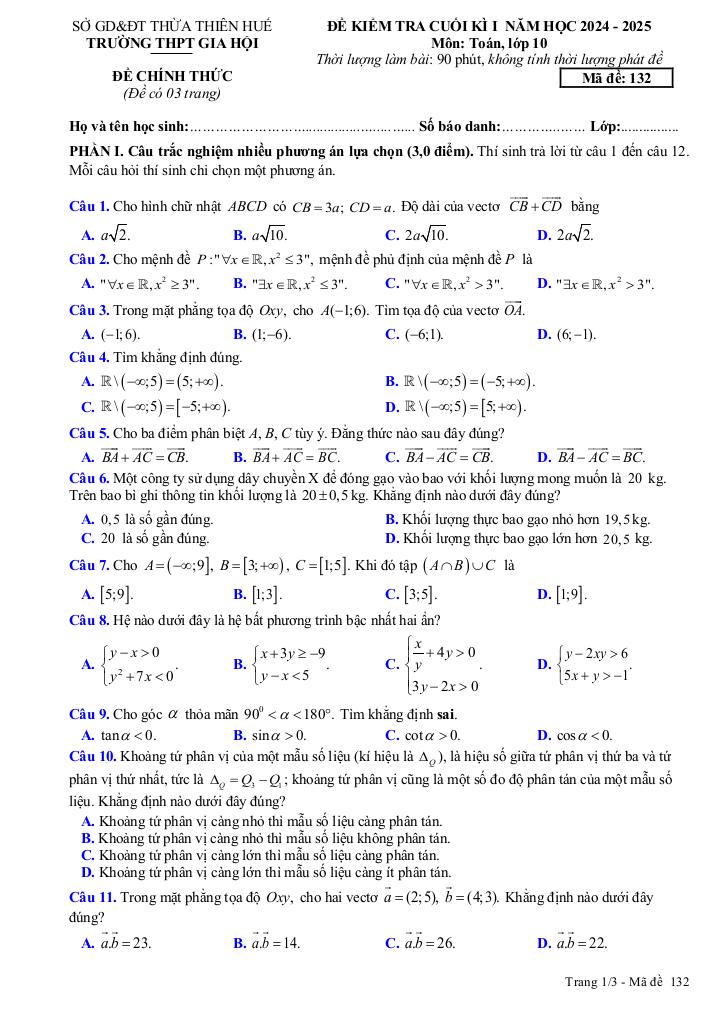 đề cuối kì 1 toán 10 năm 2024 – 2025 trường thpt gia hội – tt huế 0