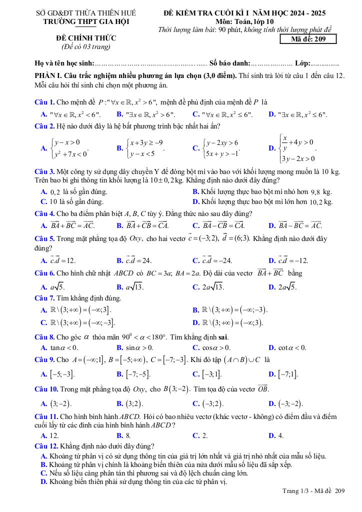 đề cuối kì 1 toán 10 năm 2024 – 2025 trường thpt gia hội – tt huế 3