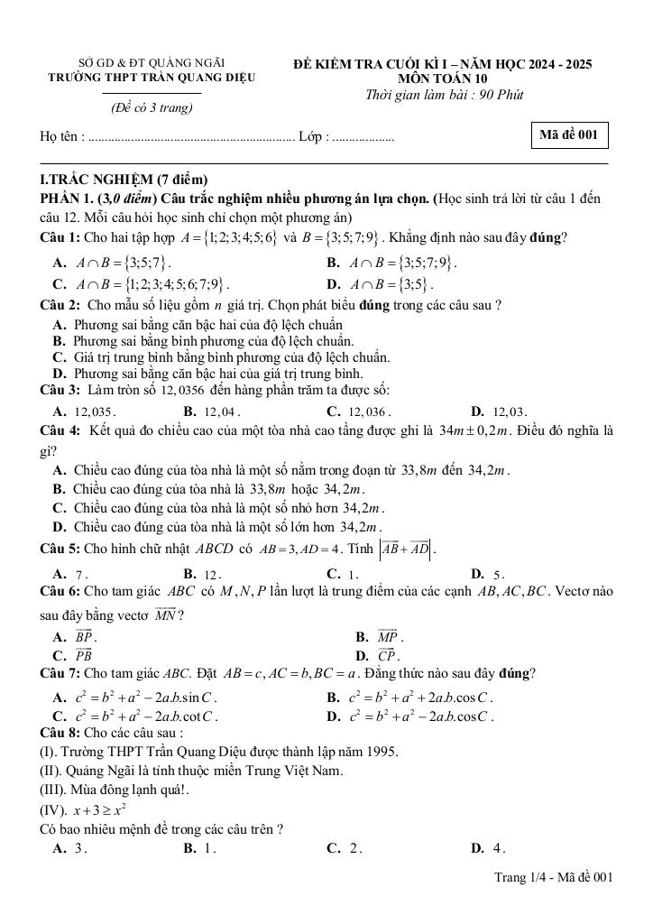 đề cuối kì 1 toán 10 năm 2024 – 2025 trường thpt trần quang diệu – quảng ngãi 0