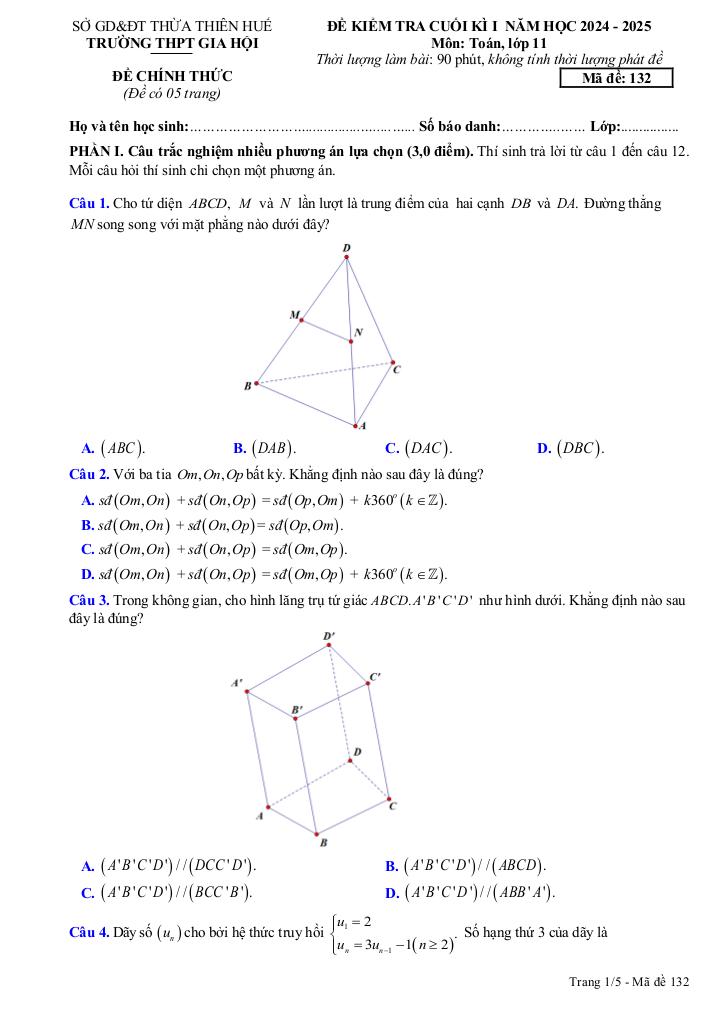 đề cuối kì 1 toán 11 năm 2024 – 2025 trường thpt gia hội – tt huế 0