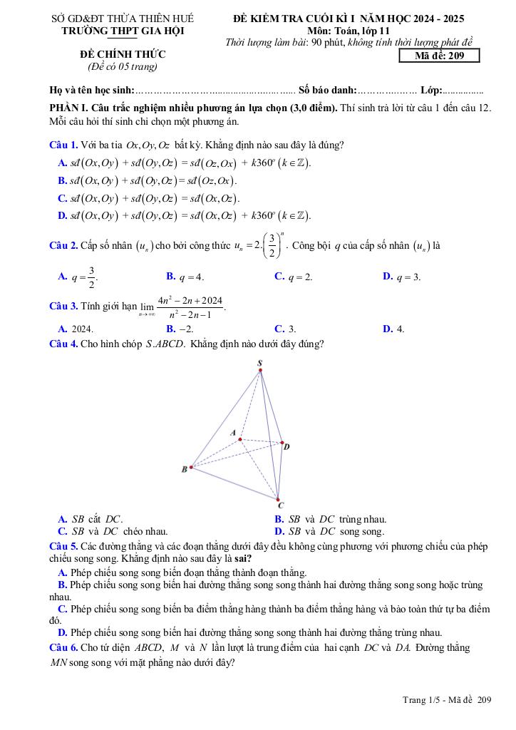đề cuối kì 1 toán 11 năm 2024 – 2025 trường thpt gia hội – tt huế 5