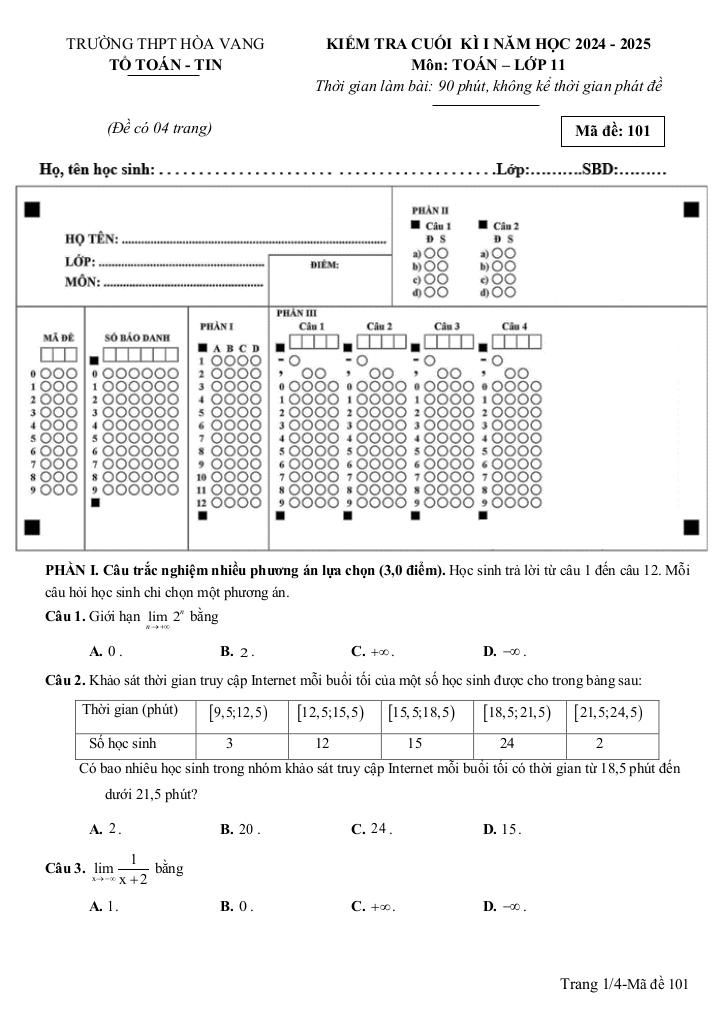 đề cuối kì 1 toán 11 năm 2024 – 2025 trường thpt hòa vang – đà nẵng 0