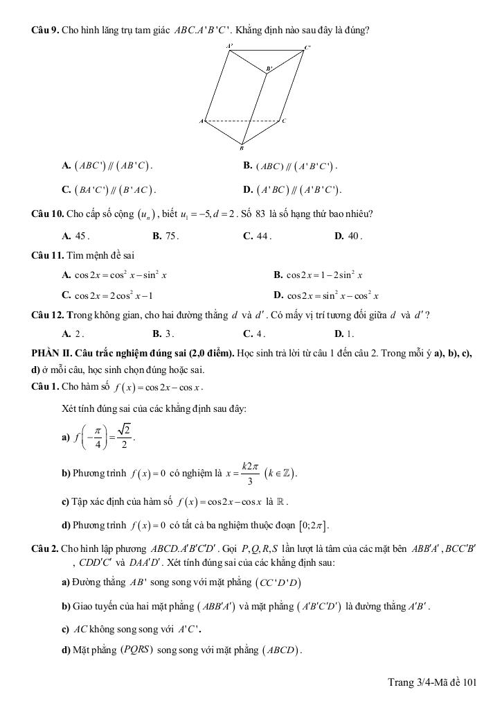 đề cuối kì 1 toán 11 năm 2024 – 2025 trường thpt hòa vang – đà nẵng 2