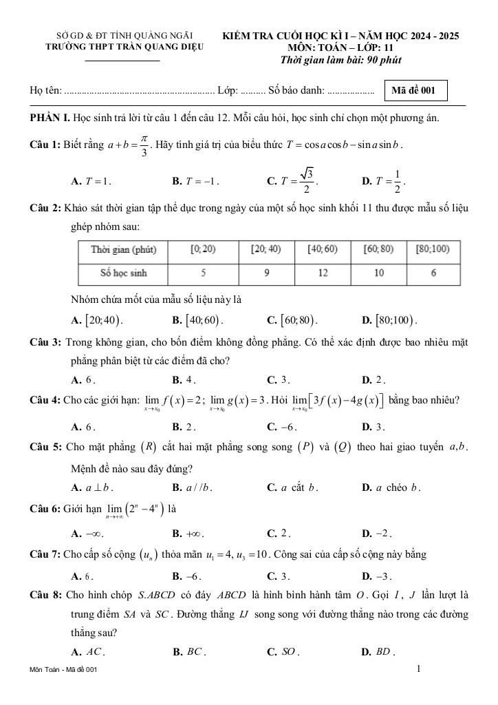đề cuối kì 1 toán 11 năm 2024 – 2025 trường thpt trần quang diệu – quảng ngãi 0