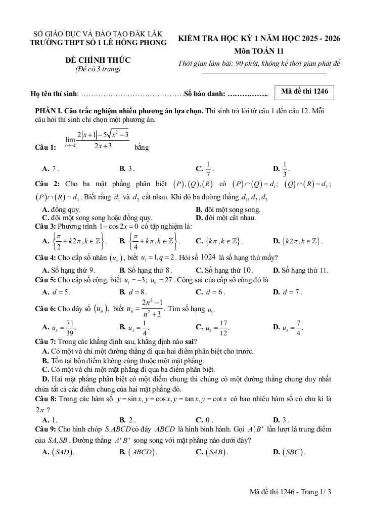 đề cuối kì 1 toán 11 năm 2025 – 2026 trường thpt lê hồng phong 1 – đắk lắk - hình 1